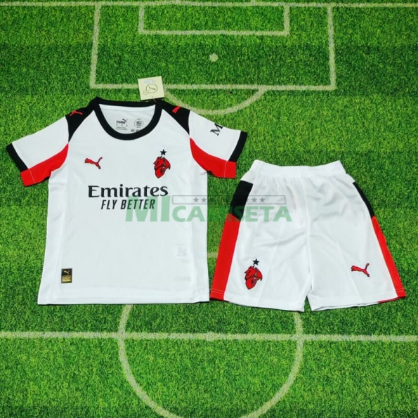 Camiseta AC Milan Segunda Equipación 2025/2026 Blanco Niño Kit