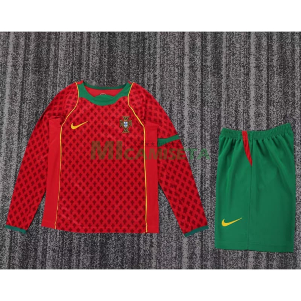 Camiseta Portugal Primera Equipación Retro 2004 ML Rojo/Verde Niño Kit