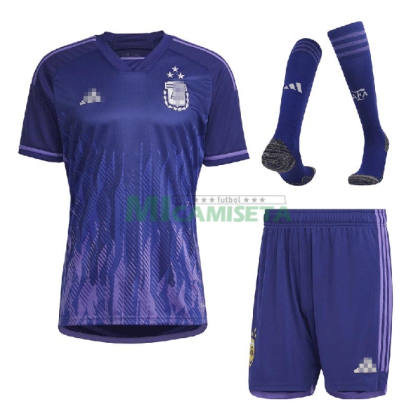 Camiseta Argentina Segunda Equipación 2022 Mundial 3 Estrellas Niño Kit