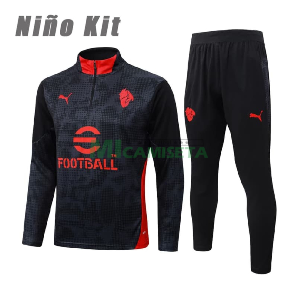 Sudadera De Entrenamiento AC Milan 2025/2026 Niño Kit Negro/Rojo con Estampado