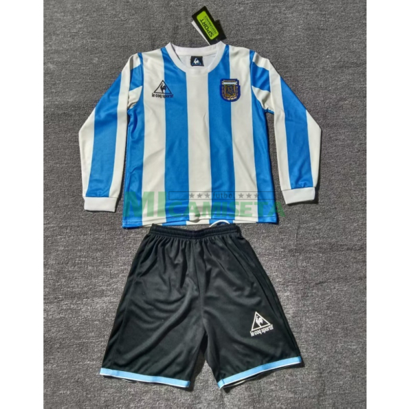 Camiseta Argentina Primera Equipación Retro 1998 ML Blanco/Azul Niño Kit
