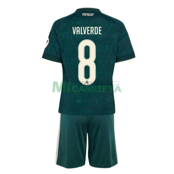 Camiseta VALVERDE 8 Real Madrid Segunda Equipación 2026/2027 Verde Oscuro Niño Kit con Parche HP