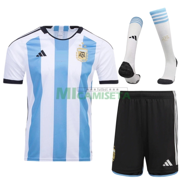 Camiseta Argentina Primera Equipación 2022 Mundial 3 Estrellas Niño Kit