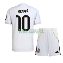 Camiseta MBAPPÉ 10 Real Madrid Primera Equipación 2025/2026 Blanco Niño Kit con Parche HP