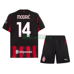 Camiseta MODRIĆ 14 AC Milan Primera Equipación 2025/2026 Rojo/Negro Niño Kit