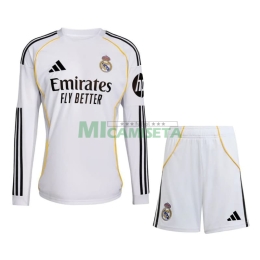 Camiseta Real Madrid Primera Equipación 2025/2026 ML Blanco Niño Kit con Parche HP